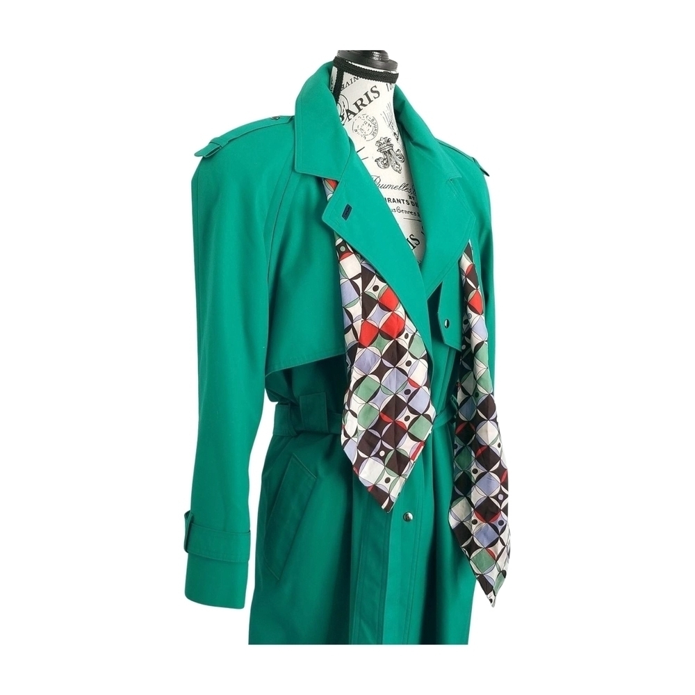 80s Vintage Emerald Spring Green Dopamine Trench Coat Maxi Lenght Size Large - Picture 7 of 13